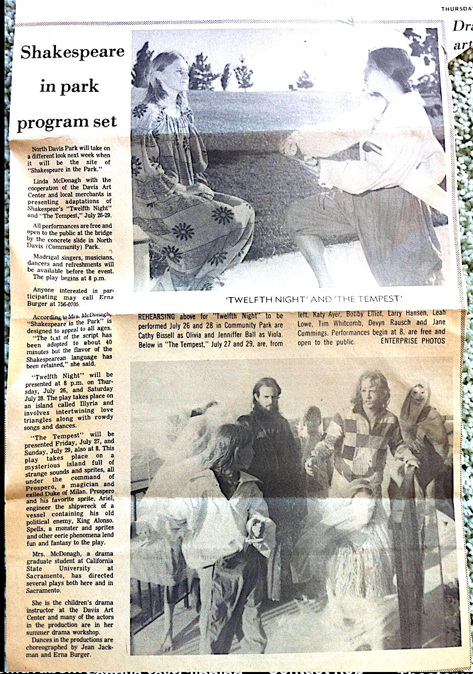 Shakespeare in the Park article in the Davis Enterprise